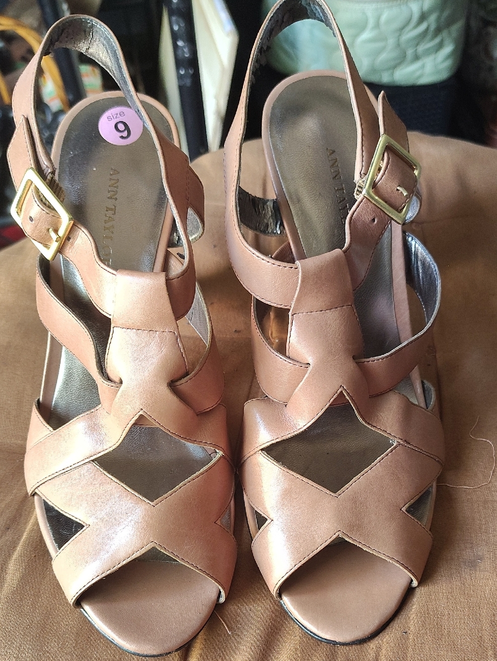 Ann Taylor Tan Leather Cutout Slingback Heels